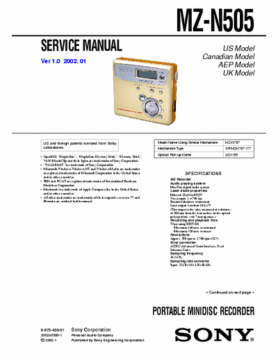 Sony MZ-N505 MZ-N505 PORTABLE MINIDISC RECORDER - 
Service Manual