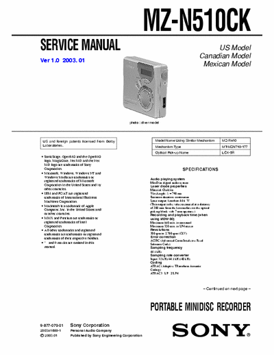 Sony MZ-N510CK MZ-N510  PORTABLE MINIDISC RECORDER  -
Service Manual