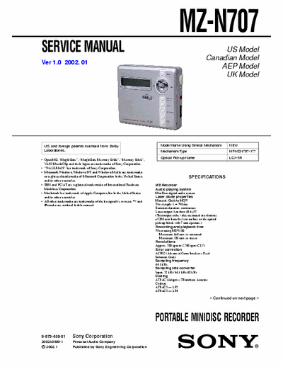 Sony MZ-N707 MZ-N707 PORTABLE MINIDISC RECORDER - 
Service Manual