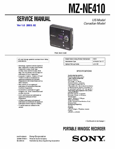 Sony MZ-NE410 MZ-NE410 PORTABLE MINIDISC RECORDER  -
Service Manual