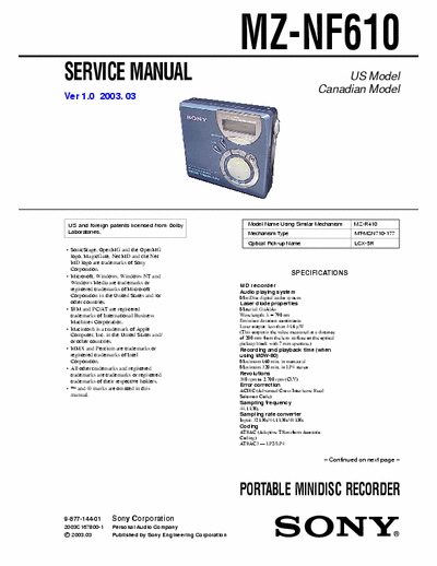 Sony MZ-NF610 MZ-NF610 PORTABLE MINIDISC RECORDER - 
Service Manual