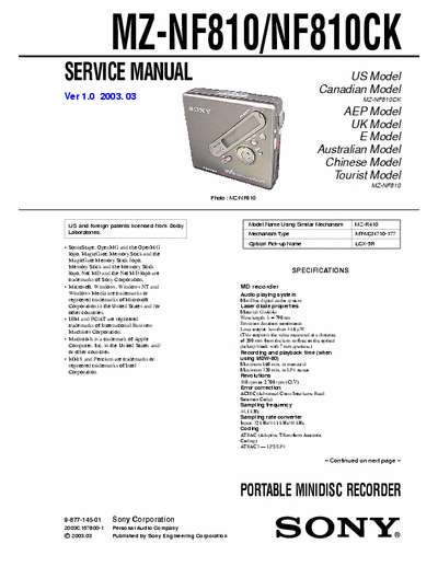 Sony MZ-NF810 MZ-NF810/NF810CK
MiniDisc Digital Audio System