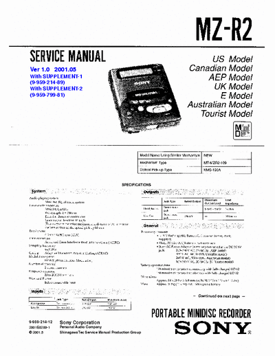 Sony MZ-R2 MZ-R2 Portable MiniDisc Recorder
MiniDisc Digital Audio System
Service Manual