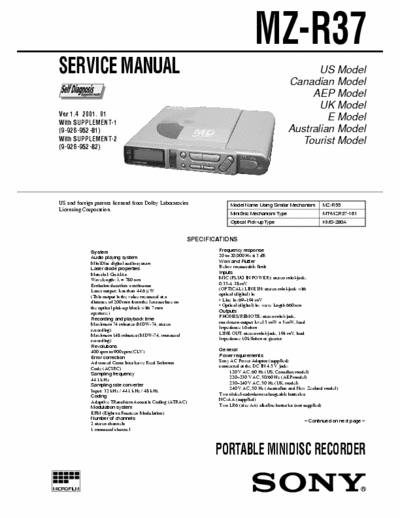 Sony MZ-R37 MZ-R37 PORTABLE MINIDISC RECORDER, Self Diagnosis, Dolby - Service Manual