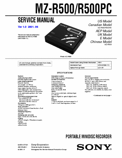 Sony MZ-R500 MZ-R500/R500PC PORTABLE MINIDISC RECORDER - Service Manual