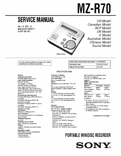 Sony MZ-R70 MZ-R70
PORTABLE MINIDISC RECORDER - 
Service Manual
