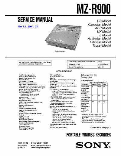 Sony MZ-R900 MZ-R900 PORTABLE MINIDISC RECORDER - 
Service Manual