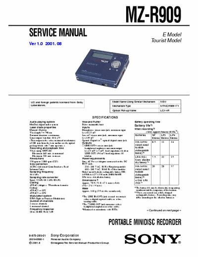Sony MZ-R909 MZ-R909 PORTABLE MINIDISC RECORDER - 
Service Manual
