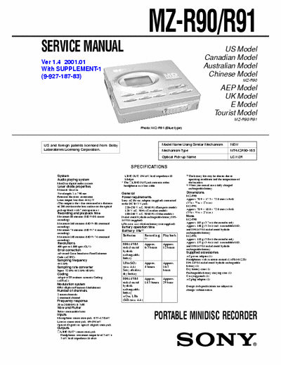Sony MZ-R91 MZ-R91/ MZ-R90  PORTABLE MINIDISC RECORDER  -
Service Manual