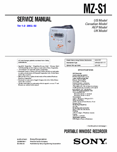 Sony MZ-S1 MZ-S1 PORTABLE MINIDISC RECORDER - 
Service Manual