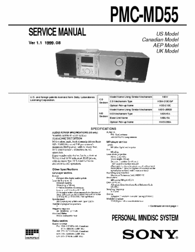 Sony PMC-MD55 PMC-MD55 PERSONAL MINIDISC SYSTEM
Service Manual
