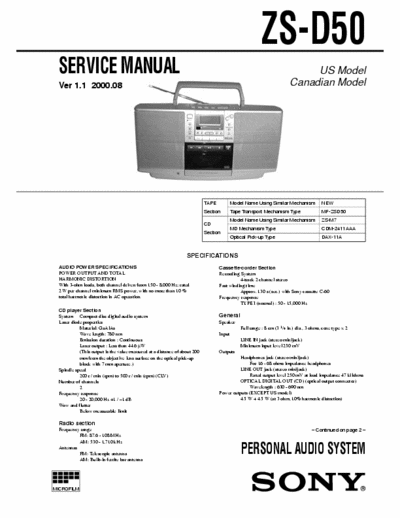 Sony ZS-D50 ZS-D50 PERSONAL AUDIO MINIDISC SYSTEM 
Service Manual