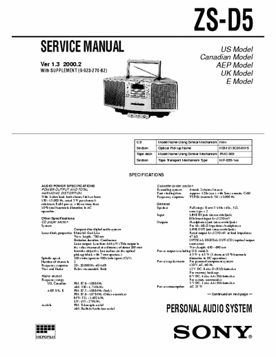 Sony ZS-D5 ZS-D5 PERSONAL MiniDisc and CD Player  AUDIO SYSTEM
Service Manual