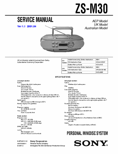 Sony ZS-M30 ZS-M30 PERSONAL MINIDISC SYSTEM
Service Manual