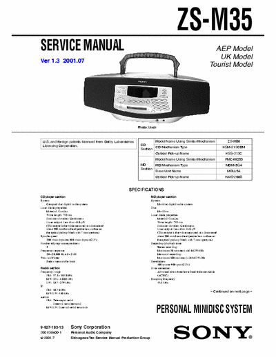 Sony ZS-M35 ZS-M35 PERSONAL MINIDISC SYSTEM
Service Manual