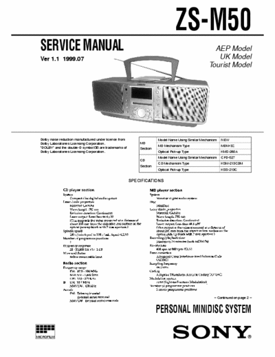 Sony ZS-M50 ZS-M50 PERSONAL MINIDISC SYSTEM
Service Manual