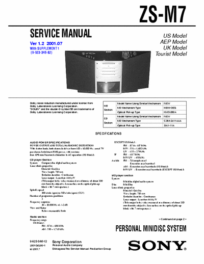 Sony ZS-M7 ZS-M7 PERSONAL MINIDISC SYSTEM
Service Manual