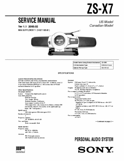 Sony ZS-X7 ZS-X7 Personal MiniDisc audio system 
Service Manual