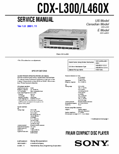 Sony CDX-L300/L460 Car Hifi Head Unit Service Manual