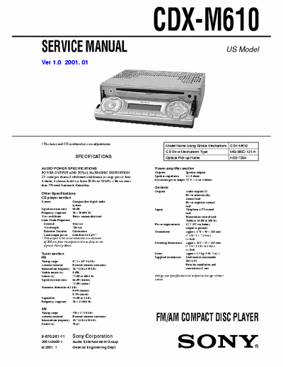 Sony CDX-M610 Car Hifi Head Unit Service Manual
