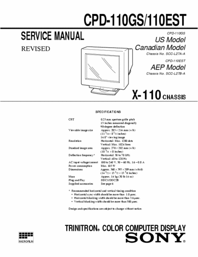 Sony CPD-110GS/110EST TRINITRON COLOR COMPUTER DISPLAY
CPD-110GS/110EST
Chassis X-110