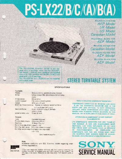 Sony PS-LX22 B-C-SM Service manual for Sony vinyl turntables. These manuals are compatible with the LX22