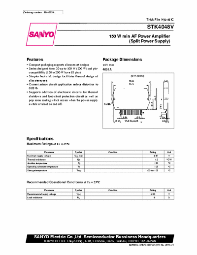 SANYO STK4048V 1x150W 60V POWER AMP 50kH SIP18