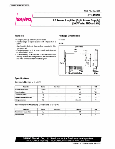 Sanyo STK4050II 1x200W 66V POWER AMP 50kH SIP18