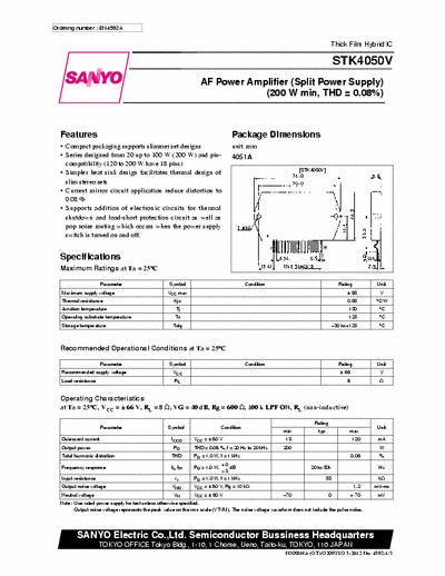 Sanyo STK4050V 1x200W 66V POWER AMP 50kH SIP18