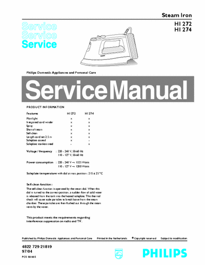 Philips HI 272, HI 274 Service Manual Stream Iron 1325W - pag. 4