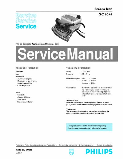 Philips GC6044, GC6046 Service Manual Stream Iron 700+1500W (2.5bar) - pag. 6