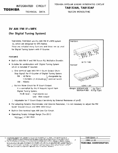 Toshiba TA8132AN Bipolar linear integrated circuit
3V AM / FM IF + MPX