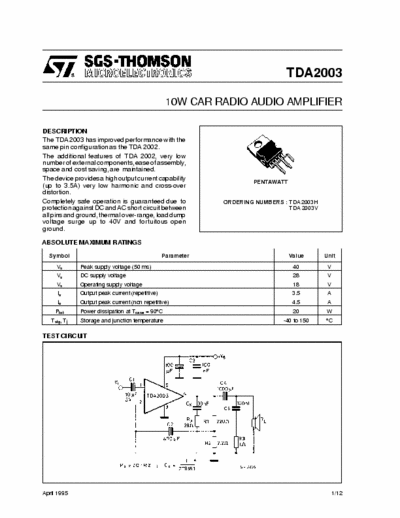 SGS-Thomson TDA2003 AUDIO AMPL. 10W VERTICAL SQL05