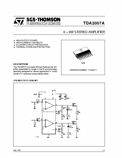 SGS-Thomson TDA2007A 6+6W AUDIO AMPLIFIER 9P SIL09