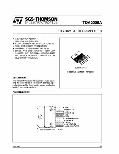 SGS-Thomson TDA2009A 2x11W STEREO AMPL. 11p SQL11