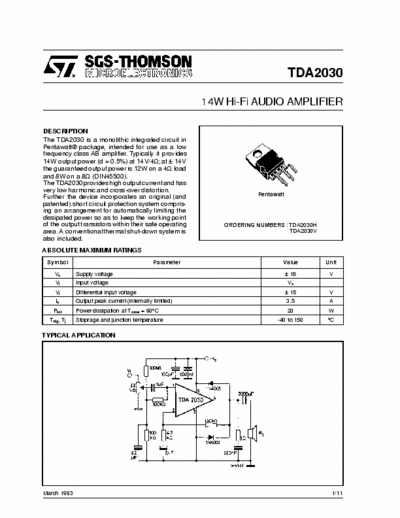 SGS-Thomson TDA2030 : 18W 18V AUDIO AMPL. VERT. SQL05