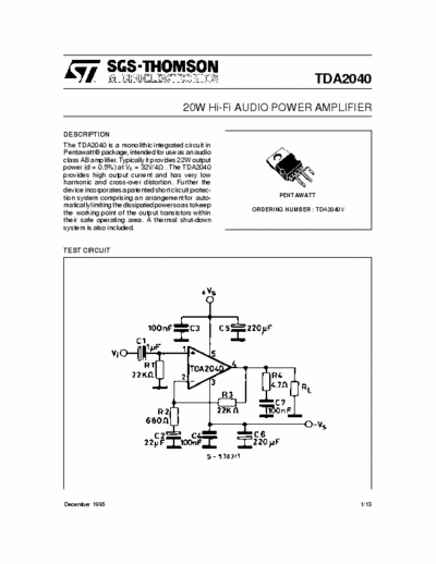 Thomson TDA2040 AUDIO AMPL. 22W 4A 20V SQL05