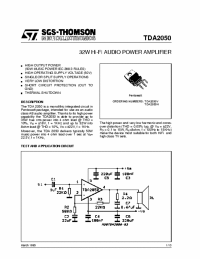 SGS-Thomson TDA2050 25W HIFI AUDIO AMPLIFIER SQL05