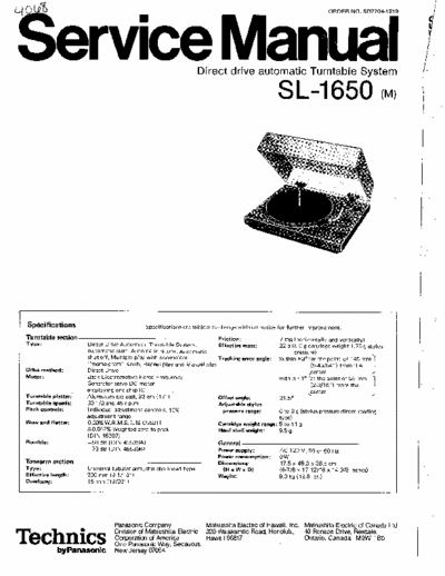 Technics SL-1650 Service manual with schematic for Technics Turntable SL-1650