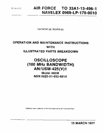 Tektronics 465m Military version of 465 100mhz scope. Service and ops manual.