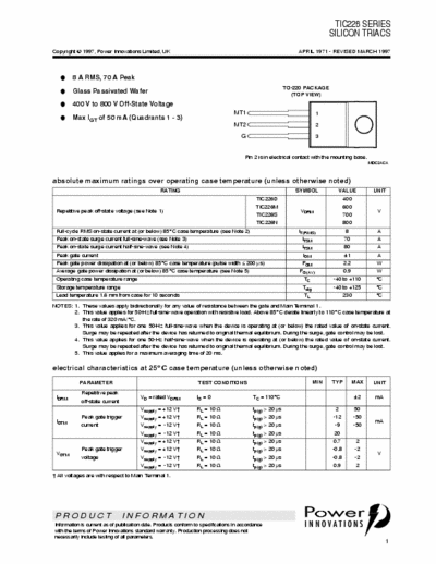 Power Innovations Limited TIC226 TIC226 SERIES SILICON TRIACS