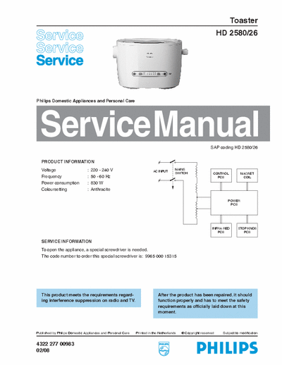 Philips HD3353  HD3355 Service Manual Toaster 830W (02/08) - pag. 2