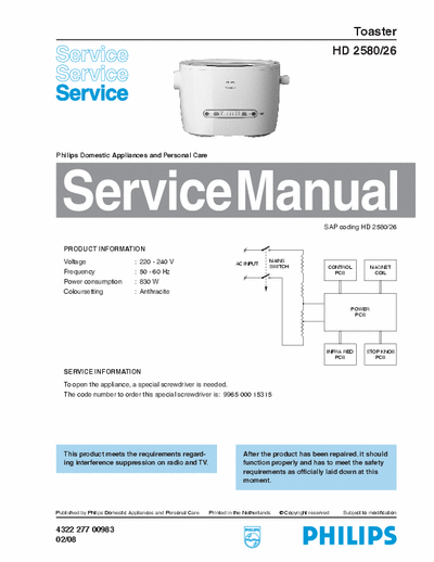 Philips HD2580/26 Service Manual Toaster 830W (02/08) - pag. 2