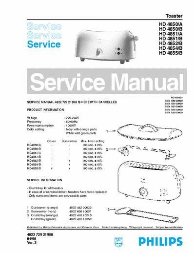PHILIPS HD4865/A Service Manual Toaster 1.200W - pag. 2