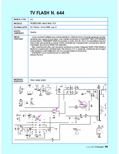 LG RK20CC40M Tv repair. Problem: Spento [STP3NB60F, R 606, TDA16846]