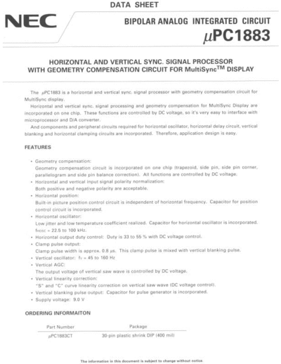 NEC UPC1883CT Horizontal & Vertical sync. signal processor for Multisync Display