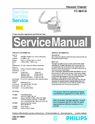 Philips FC6841/A  FC6842/A Service Manual Vacuum Cleaner 1500W 02/03 - pag. 5