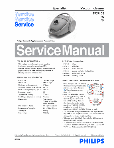 Philips Domestic App. FC9108/A (/B) Service Manual Domestic Appliances and Personal Care mod. Specialist 1.500W - pag. 7