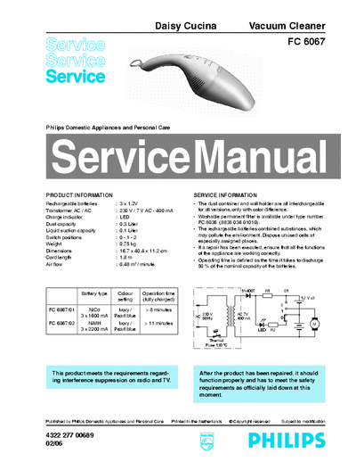 Philips Domestic App. FC 6067 Service Manual Daisy Cucina Vacuum Cleaner [400mA] - pag. 2