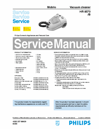 Philips HR 8570/B service manual vacuum cleaner [1400W - 4322 277 00439 (01/01)] pag. 6